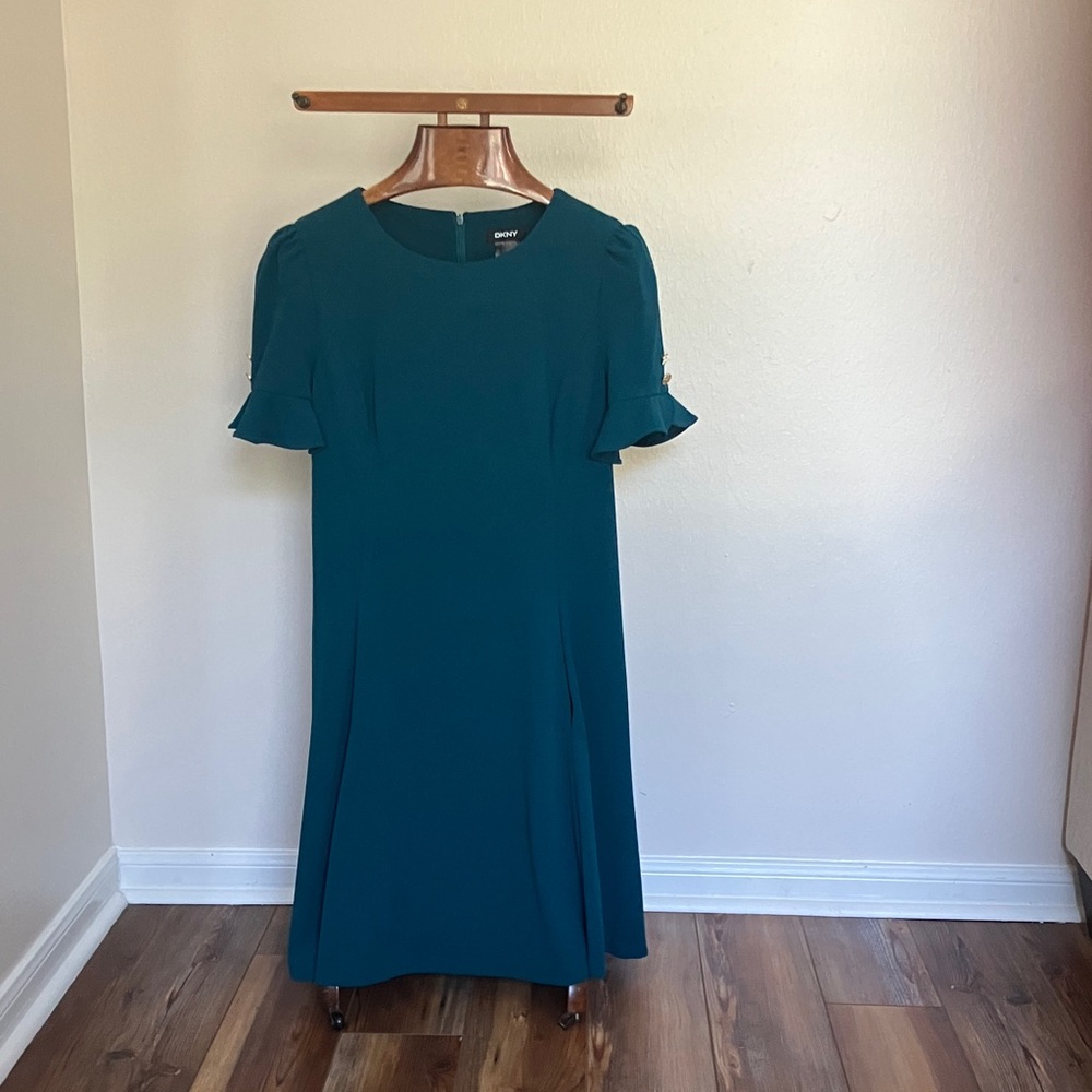 DKNY Teal Midi Dress with Ruffle Sleeves